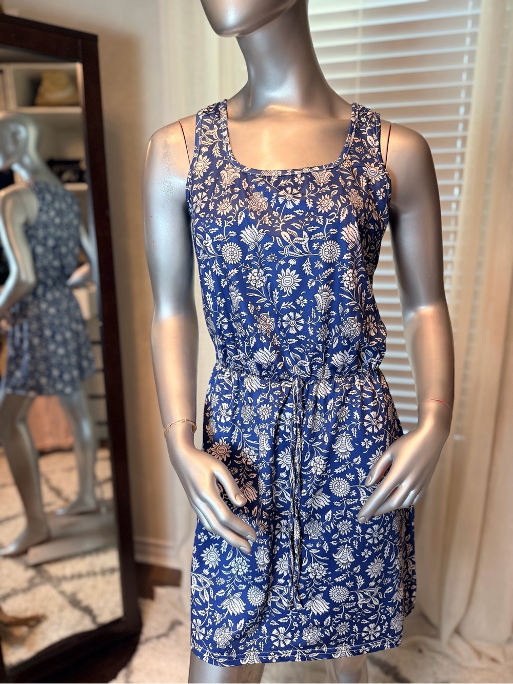 SHEIN Blue White Floral Dress Women Medium Sleeveless Drawstring Waist Mini